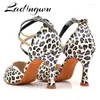 Dance Shoes Ladingwu Brand Latin Women Leopard Texture Pu Leather Salsa Woman's Ballroom Cuba Heel 9