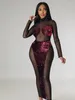 Sukienki swobodne kobiety Turtleeck Cearów MESH Patchwork Dress Sexy See Through Bodycon 2024