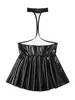 Womens Halter Open Chest Ruffled Dress Wet Look Patent Leather Mini Pleated Dress Sexy Backless Dress Lingerie Rave Nightwear 240419
