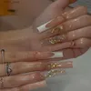 False unhas 24pc quadrado longo unhas falsas com cola de cola prata chama francesa pérola design star unhas falsas capa completa acrílica prensa na unha y240419a2pf