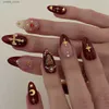 Faux Nails 2024 Nouveau Ramadan Style Faux Nails avec Gold Moon Star Design Amond Red Frags Fake Nail Patch Full Cover Deteachable Manucure Y240419