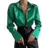 Kvinnors blusar Autumn Shirt Collar Office Lady Blus Vintage Blue Green Loose Button Up Down Shirts Black Fashion Tops