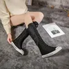 Stövlar 2024 Fashion 2Colors Women's Canvas Lace Zipper Knee High Flat Shoes Casual Help Punk Girls