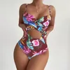 Women's Swimwear Hollow Push Up Floral Print Underwire Slimming Bikini Swimsuit High Waisted Bottoms White