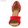 Chaussures de danse Salsa Femmes 2024 Style d'été Red Rouge en daim Sole Sole Ballroom Latin Talons personnalisés
