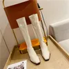 Boots Metal Toe Women Knee High Black Beige Patent Leather Side Zipper Thick Heels Soft tyg Bling Autumn Winter Botas