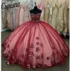 Burgundy Quinceanera Dresses Appliques Long Train Flower Sweet 15 16 Years Birthday Party Prom Dress Pageant Miss Gala