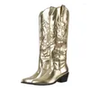 Boots Onlymaker Women Pointed Toe Gold Knee High Western Cowboy Wide Calf Embroidered Block Heel Pull-On Cowgirl Booties