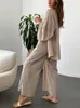 2024 Summer Women Linen Spodni kombinezon z bluzką swobodną luźną twopiety zestaw do eleganckich strojów bawełniane spodnie dresowe 240411