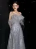 Runway Dresses Grayish Blue Evening Dress Off The Shoulder Sleeveless Feather Tassel Pearls Shiny Beading Boat Neck Wedding Party Prom Gowns