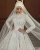 Luxury crystal Muslim Wedding Dresses with Hijab Plus Size lace Bridal Gowns long sleeves high neck sweep train Middle East vestido de novia