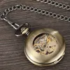 Pocket Watches Vintage Bronze Skeleton Hand Wind Mechanical Watch Men Steampuk Pendant Clock Chain with Arabic Sifferals