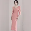 Casual Dresses Korean Elegant Women Square Collar Split Midi Dress 2024 Business Summer Pink Office Ladies Slim BodyCon Work Wear Clothes