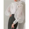 Plus Size Elegant Soild Mesh Top 2024 Vintage Puff Sleeve LaceUp Transparent Blouses Summer White Sexy Thin Party Loose 240419