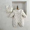 0-3y Winter im koreanischen Stil Blumenkindmädchen Rollen mit Hutfellfutter Kleinkind Babe Schöne warme Overalls 240409