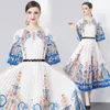 Haule étiré vintage baroque imprimé femme midi middi longues robes plissées équipage ceinture à demi-manches dames décontractées de fête