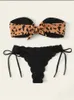 Beach Bikini 2024 Woman Sexy Front Lace Up Tie Bandeau Leopard Swimsuit Female Push Ruffled Bow Bathing Suit Thong Swimwear 240418