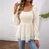 Women's T Shirts Slim Solid Colour Pullover Shirt Square Neck Smocked 3/4 Lantern Sleeves Chiffon Streaks Tops Autumn Fashion Blouse 2024