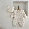 0-3y vinterkoreansk stil blommig spädbarn barnflickor med hatt päls foder småbarn brud härlig varma jumpsuits 240409