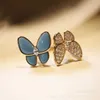 Versão alta Vancefe Double Butterfly Ring Womens Novo conjunto turquesa de diamante anel aberto anel francês assimétrico anel de par dos melhores amigos