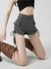 Women's Shorts Zoki Vintage Strtwear Denim Cargo Shorts Women Harajuku Sexy High Waist Grey Shorts Slim Lace Up Amercian Retro A Line Shorts Y240420