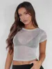 Frauen T-Shirts 2024 Sommer Mode o-hals transparentes T-Shirts Sexy Frau Kleidung Kurzarm Schlanker Crop Top silberne weibliche Strick-T-Shirts