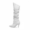 Stövlar White Slouchy Spike Heel Big Size Long Boot Leather Pointed Toe Woman Runway Fashion Designer Shoes Street