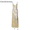 Casual Dresses Sexy Backless Gold Halter Elegant Evening Dress For Women Spaghetti Strap Ball Gown Maxi Boho Party Celebration Robes