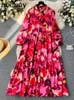 Casual Dresses Women's Retro Lantern Sleeve Dress Bow Stand Collar Waist A-Line Elegant Fashion Print Big Swing Long Summer 2024