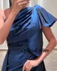 Festklänningar Viisher Navy Blue Taffeta Mermaid Evening With Slit One Shoulder Prom Dress Train Arabiska formella klänningar