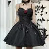 Urban Sexy Dresses Goth Dark Tie Up Mall Gothic Elegant Women Dresses Grunge Aesthetic Jacquard A-Line Dress Emo Lace Trim Black Party Alt Clothes Y240420