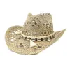 Angélica tejida a mano Western Cowboy Hat Grass salado Sombrero de paja Sun para mujeres Hombres de moda con el cinturón 240412