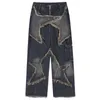 Mäns jeans vintage baggy y2k stjärna skarvade löst blå denim byxor unisex retro streetwear hip hop byxor