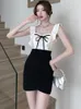 Günlük elbiseler yaz siyah patchwork beyaz yay kare yaka mini elbise kadınlar seksi fırfırlı askı kısa 2024 zarif vücut parti