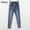 Women's Jeans Vintage High Waist Light Blue Single Breasted Women Black Distressed Denim Pant Slim Pencil Streetwear Long Trousers