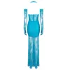 Casual Dresses Sexy Lace Fishtail Gown With Gloves Black Blue Halter V Neck Backless Semi-transparent Pleated Maxi Dress