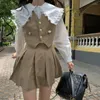 Vestidos de trabalho conjuntos de estilo formal feminino Spring coletes vintage camisetas de manga bafada de mini saias doces garotas chiques de roupas elegantes