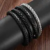 Chain Vintage Hand Braided Leather Link with Magnetic Clasp Stainless Steel Bracelet for Men Bikers Rock Punk Party Jewelry Gifts Y240420