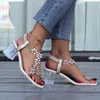 Sandaler Transparent Square Heel For Women Luxury Flash Borr Flower Summer High Heels Kvinnor Låg Sandal Storlek 43