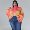 Somo plus size mode kvinnor rund hals öppen rygg chiffong spetsar upp långärmad gradient tryck topp grossist droppe 240419