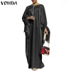 Casual Dresses VONDA Elegant Satin Dress 2024 Women Summer Party Sundress Bohemian Long Sleeve Solid Color Vestidos Robe Femme