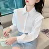 Women's Blouses 2024 Spring Korean Peals Beading Blouse Clothing Solid Elegant Fashion Lapel Long Sleeve Cotton White Shirt Ladies Tops