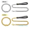 Dog Collars Leashes 304ステンレス鋼チェーンカラーとリーシュスーパーストロングメタルチョークシルバーゴールドペットリードロープパーティーショー