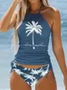 Vigoashely 2024 Sexy Solid Print Tankini Conjunto amarrado Halter Swimsuit Women Swimwear Resada Biquinis Summer Backless Beach Tise de banho 240417