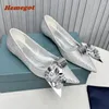 Klänningskor Guldblomma Rhinestones Pumps Runway Party 2024 Pointy Toe Flat Greenow For Women Elegant Solid Summer Bling