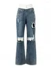 Damskie dżinsy moda złamane dziury Patchwork koronkowy prosty wysokiej talii luźne spodnie dżinsowe dżinsowe spodnie letnie 2024 11xx8932