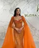 Vestidos de festa 2024 Mermais de miçanga de laranja noite com capa Shawl de contas de lantejoulas elegantes vestido de luxo árabe dubai e vestido de baile