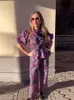 Printed Puff Sleeves Top 2 Piece Set For Women Fashion Lace Up Ruffled Shirt Pants Suits 2024 Office Lady High Streetwear 240420