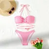 Женские купальники набор бикини, сексуальная струна, кросс -халтер розовый банди, женские мини -купания для купальников, купание костюма Biquinis 2024 Mujer