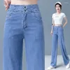 Jeans de mujeres Fina imitación delgada Denim de seda para mujeres con un delgada cintura cruzada Tubo recto Pantalones de ajuste suelto de ancho